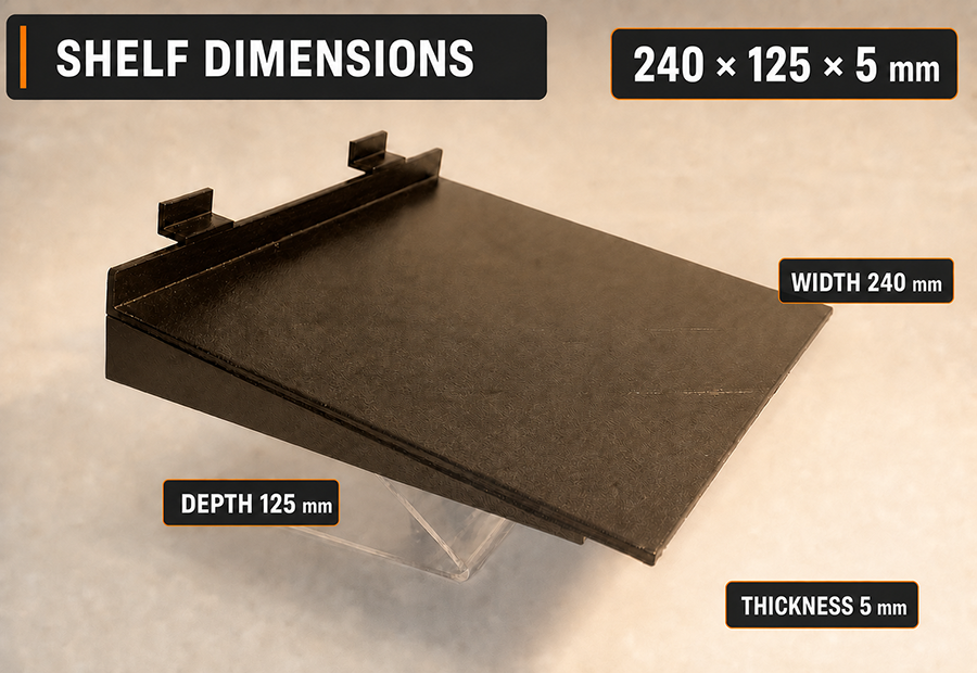 Infographic showing a compact shoe display shelf measuring 240 mm wide, 125 mm deep and 5 mm thick